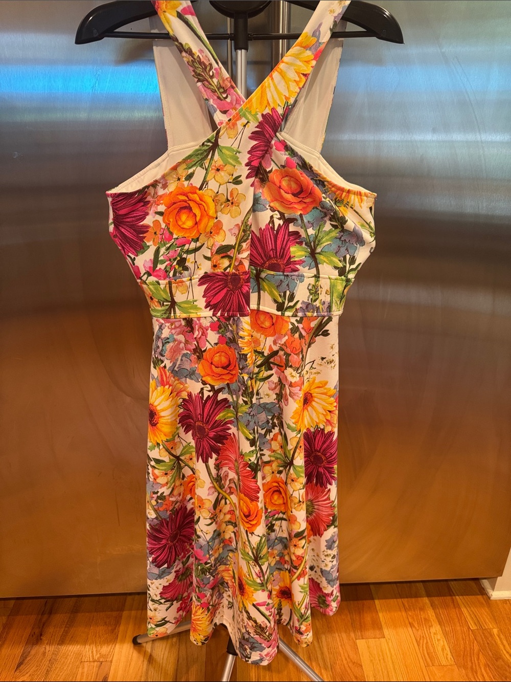 Maison Tara White Floral Midi Dress with Yellow, Orange & Pink Flowers